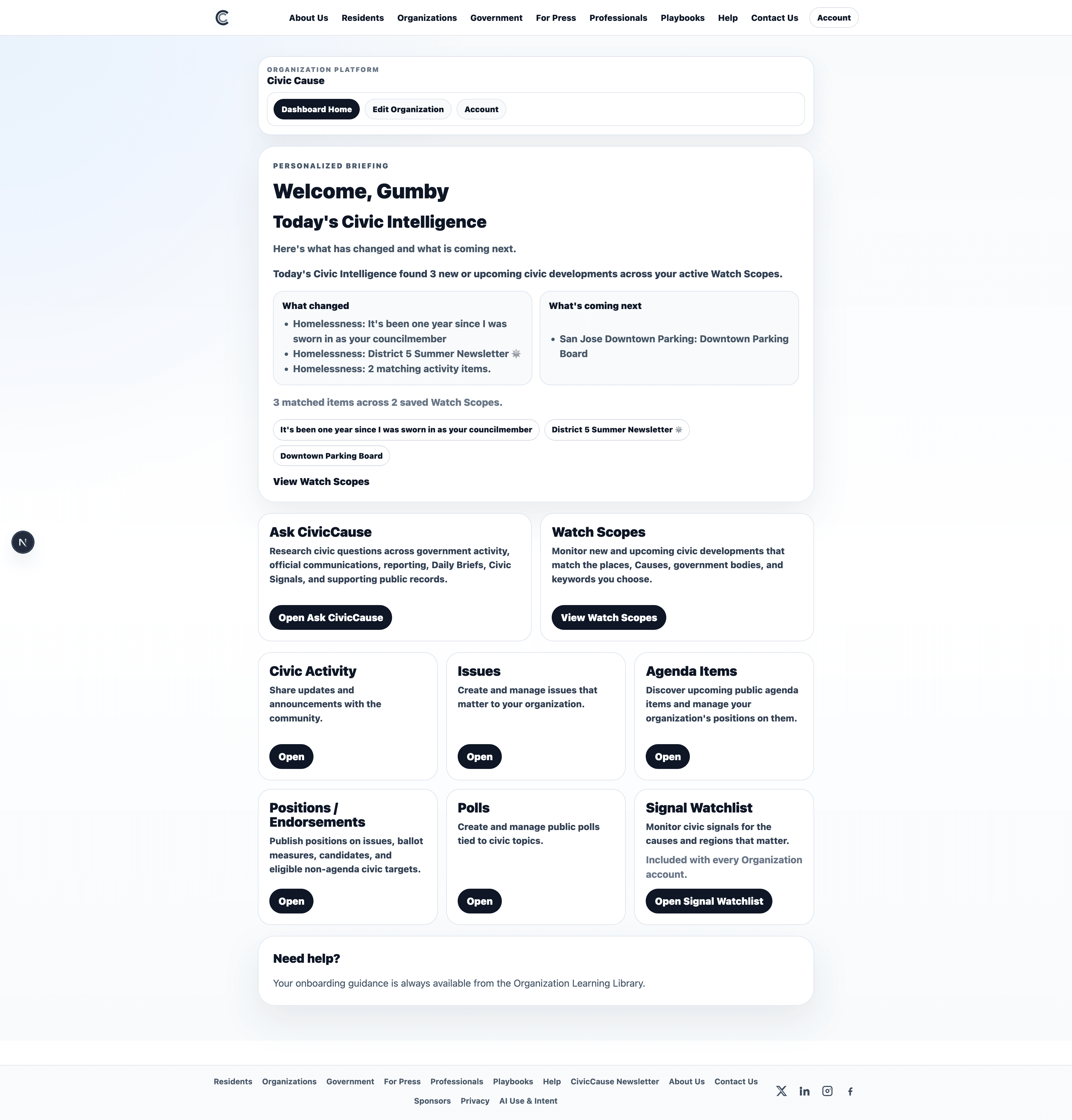 CivicCause Professional Workspace dashboard
